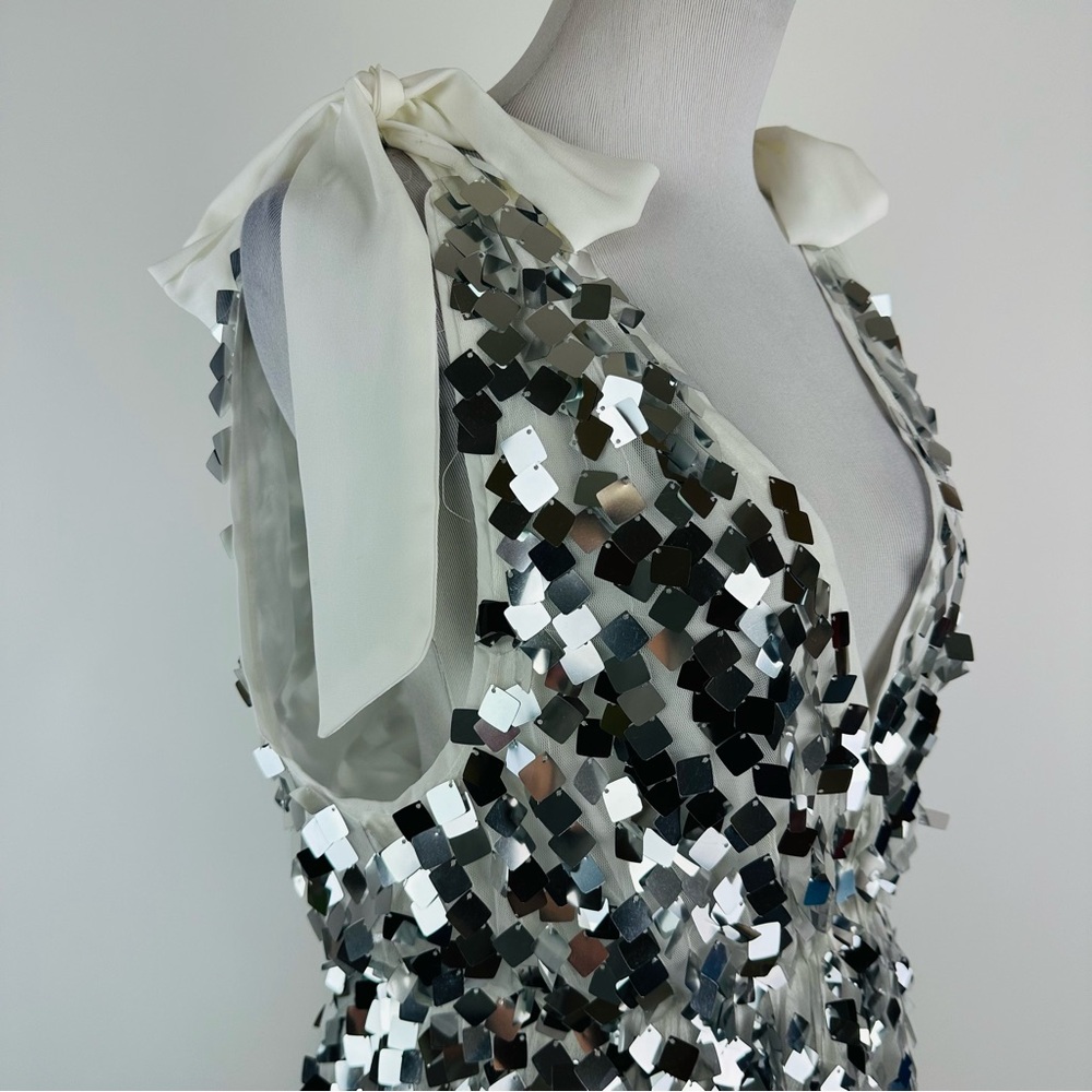 Buddy Love Silver Sequin A-Line Mini Dress with White Tie Straps - Picture 7 of 15
